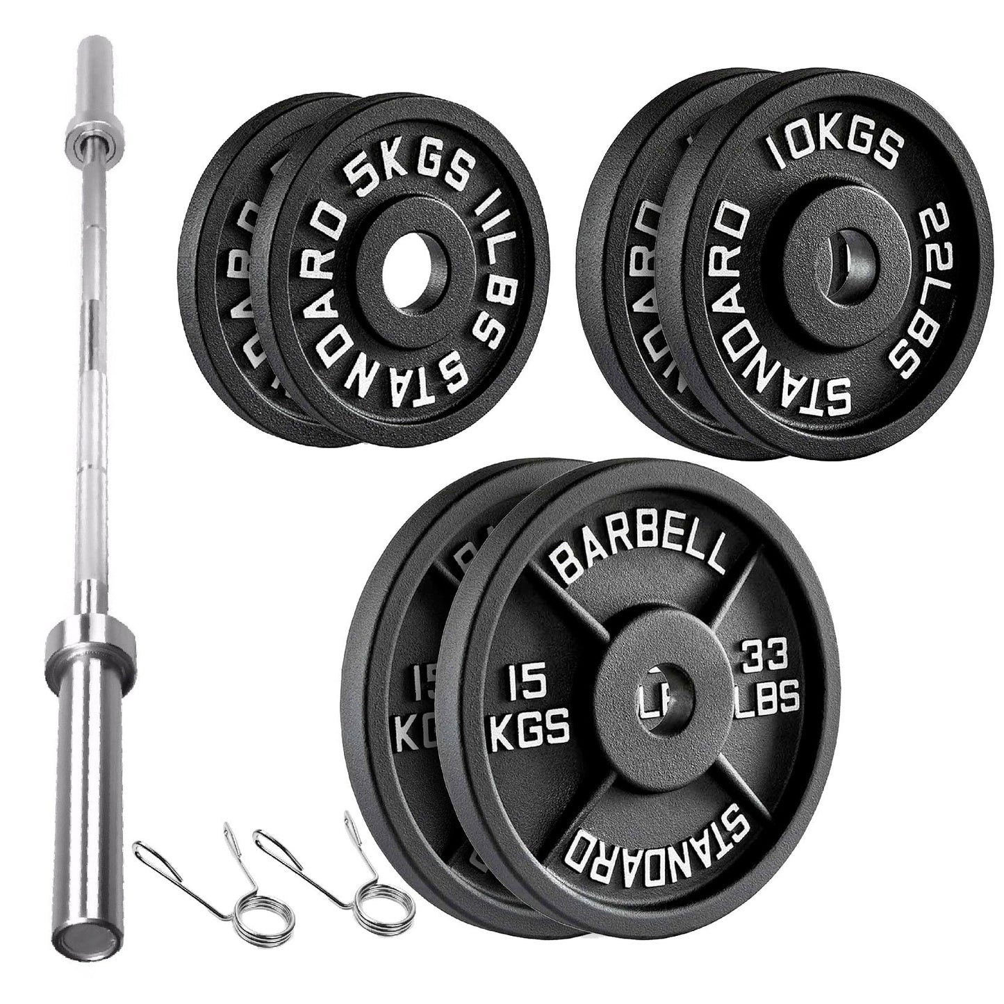 Cast Iron Weight Plates Set and Pair with Olympic Barbell + Clips