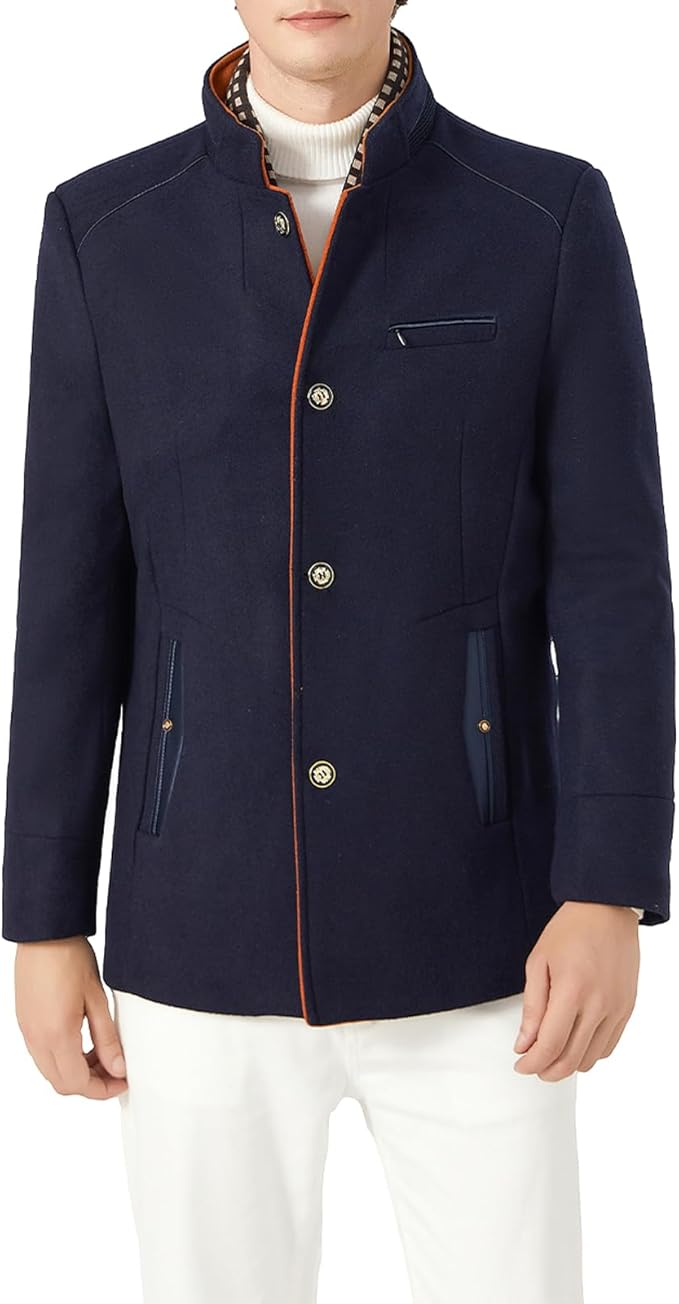 Mens Winter Wool Coat Thick Stand Collar With Scarf Navy Blue Size M, Biutimarden