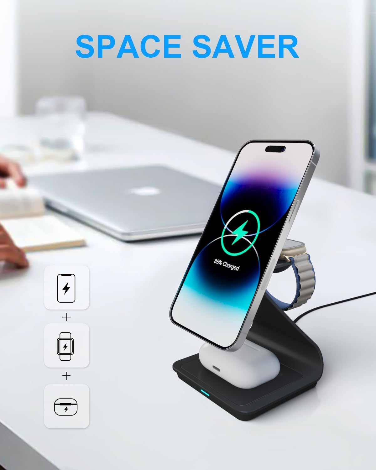 3 in 1 Wireless Charger For iPhone Apple Watch and AirPods Black Aluminium Alloy