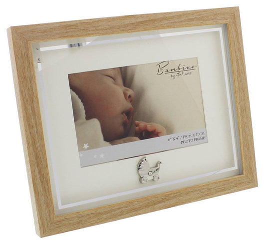 Bambino Light Wooden effect Picture Frame with Silver Pram Icon 6" x 4"