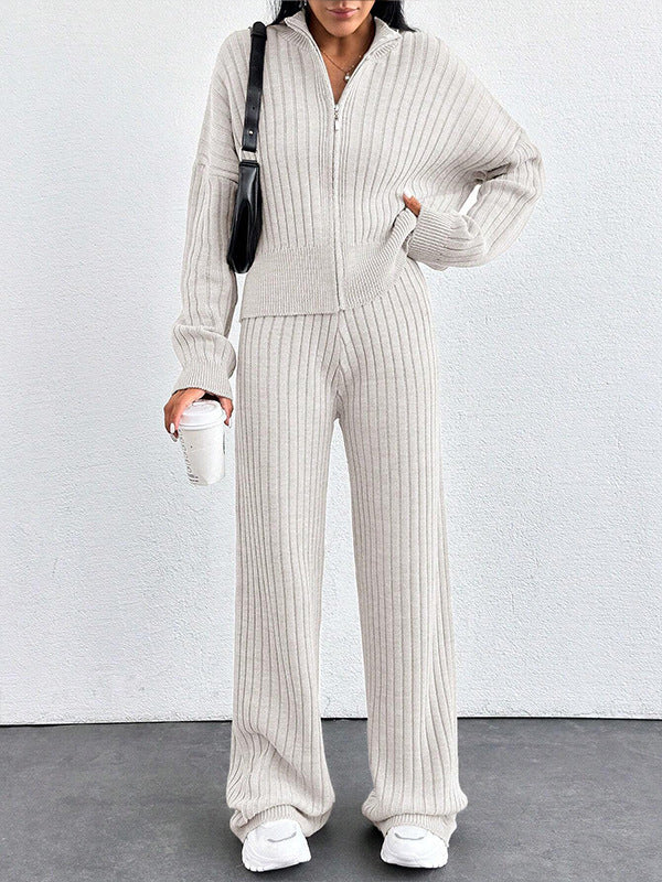 Autumn And Winter New European And American Women's Casual Loose Zip Top And Trousers Two-piece Set