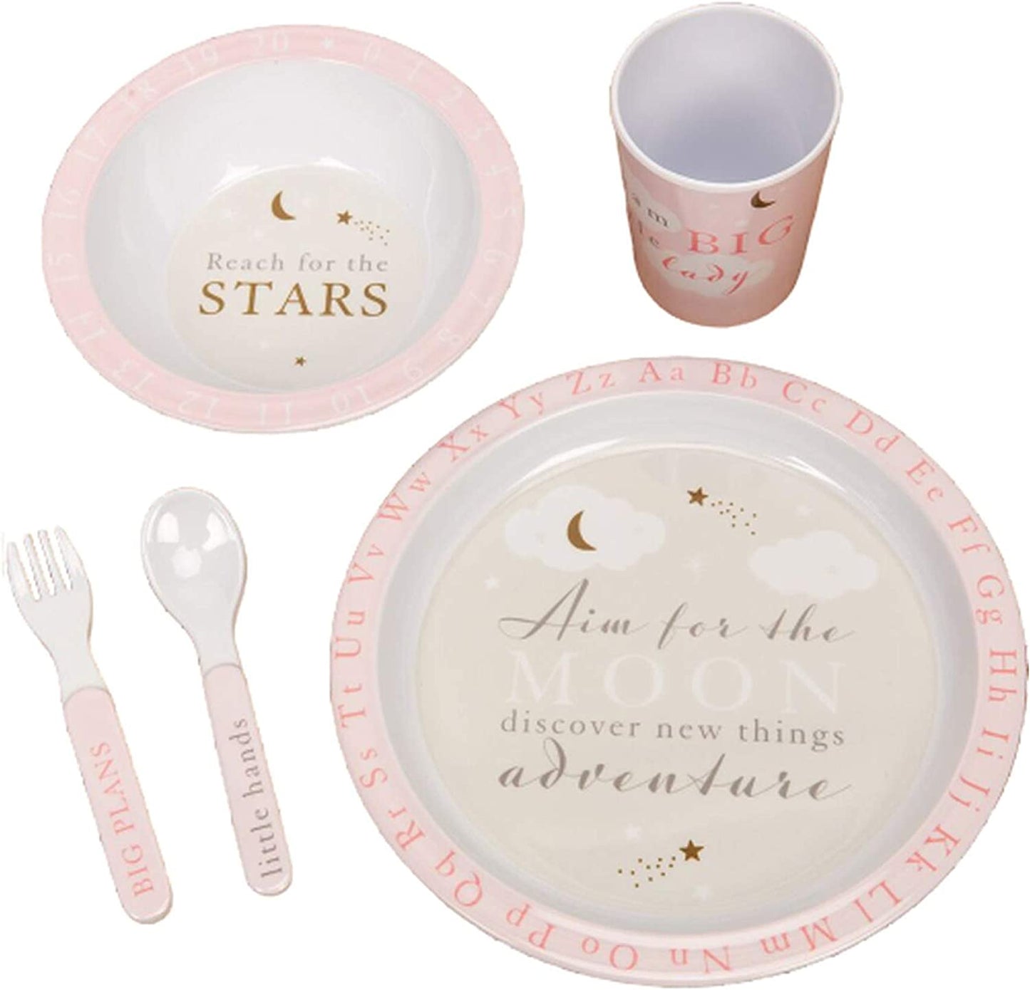 5 Piece Melamine Feeding Set Cup Bowl Plate Cutlery - Bambino Baby Girl