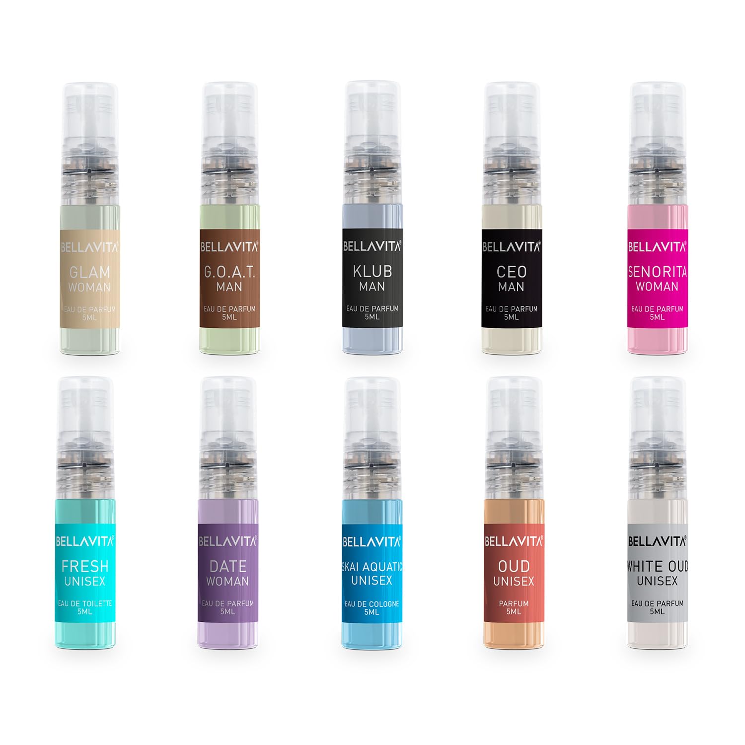 Bella Vita Unisex Pocket Perfume Set 10x5ml Long-Lasting Fragrances