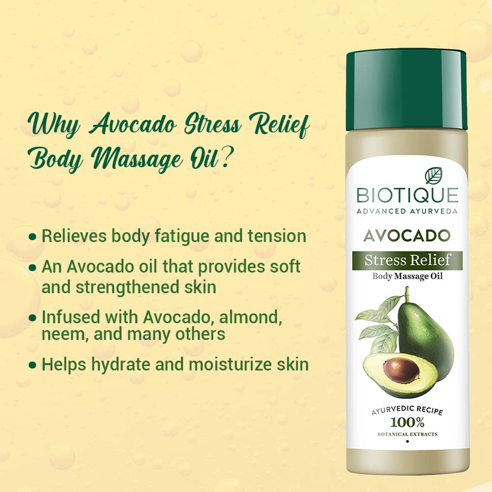 Biotique Avocado Stress Relief Massage Oil 200ml Hydrates Dry Skin