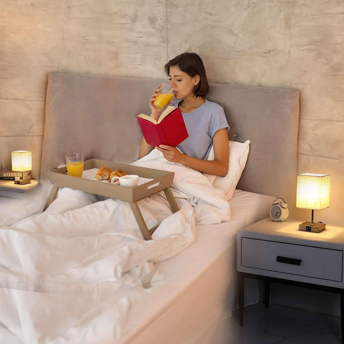 Lightess 2x Touch Bedside Lamps with USB, Dimmable, E14 Bulbs Included – White