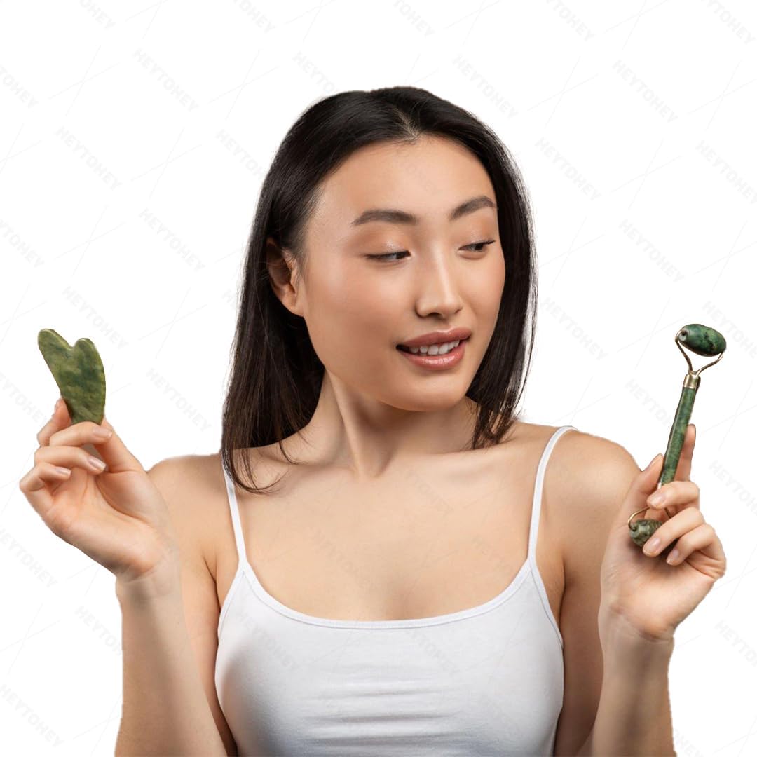 Jade Roller & Gua Sha Set for Wrinkles & Dark Circles Reduction
