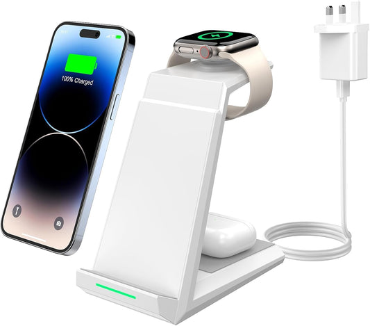 15W Fast Wireless Charger Dock 3-in-1 for iPhone Watch and AirPods in White