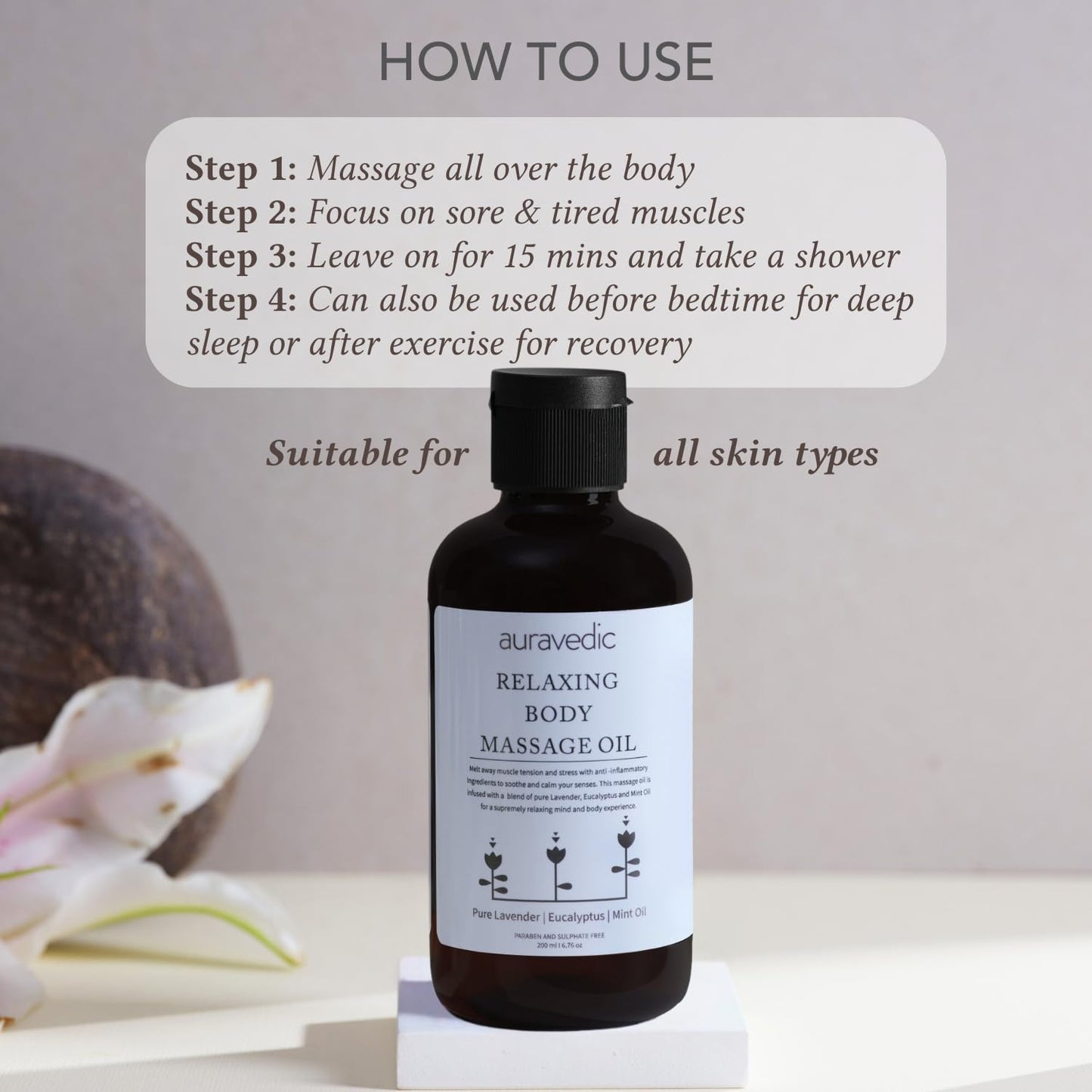 Lavender Eucalyptus Mint Body Oil 200ml - Relaxing Massage & Moisturizer