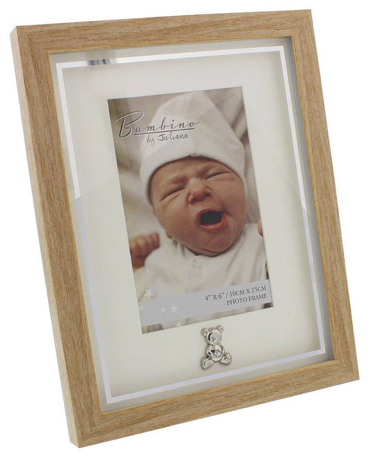 Bambino Light Wooden effect Picture Frame with Silver Teddy Bear Icon 4" x 6"