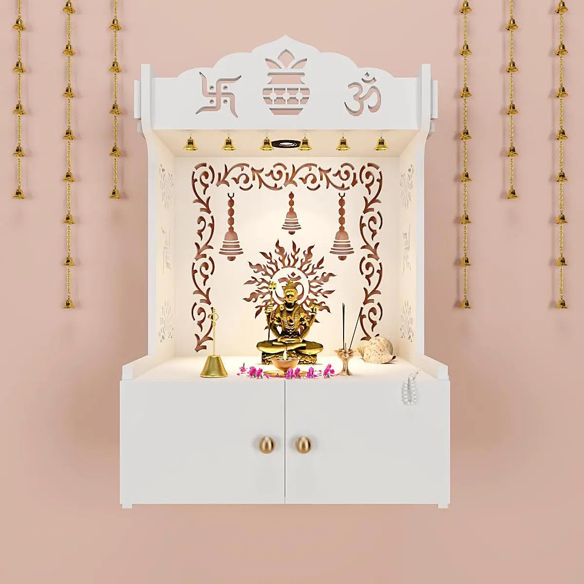 HOMSCAPE White Wooden Wall Temple with Light and Shelf, 64cm