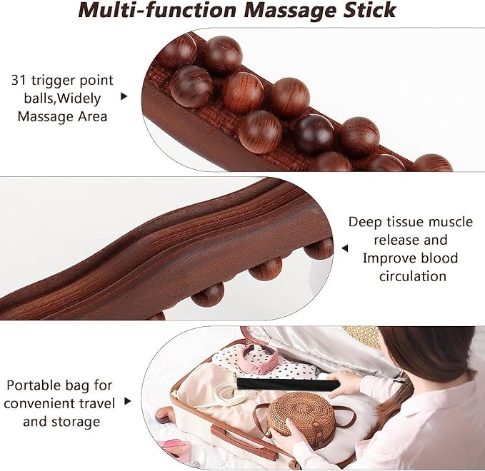 Wooden Gua Sha Massage Roller Stick for Muscle Relief (31 Ball)