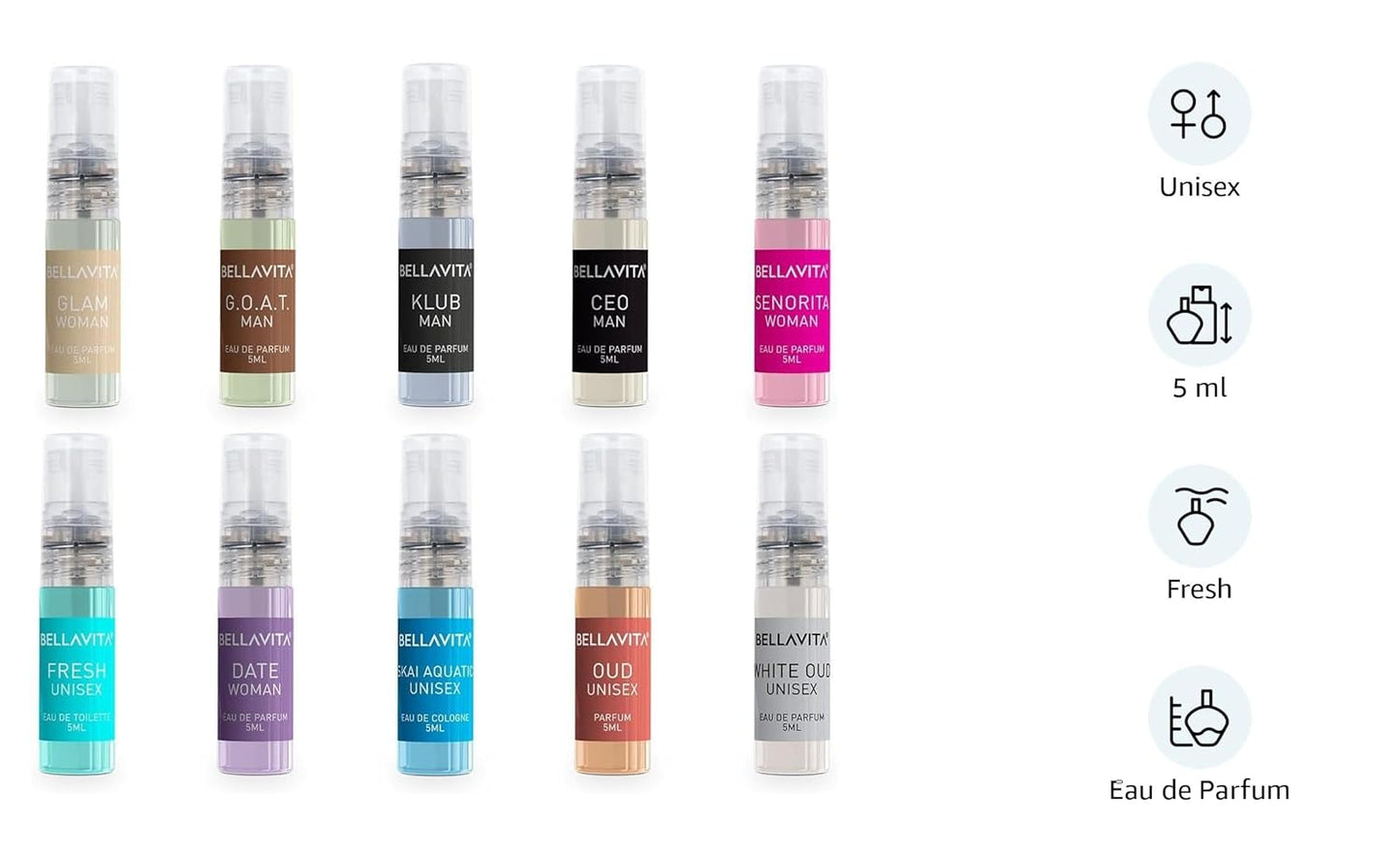 Bella Vita Unisex Pocket Perfume Set 10x5ml Long-Lasting Fragrances