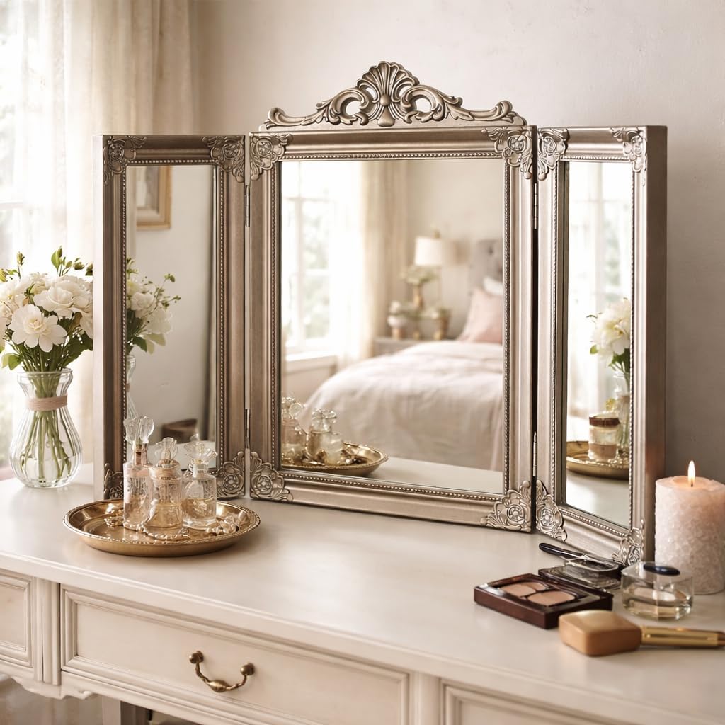 Silver Tri-Fold Dressing Table Mirror Ornate Freestanding Vanity