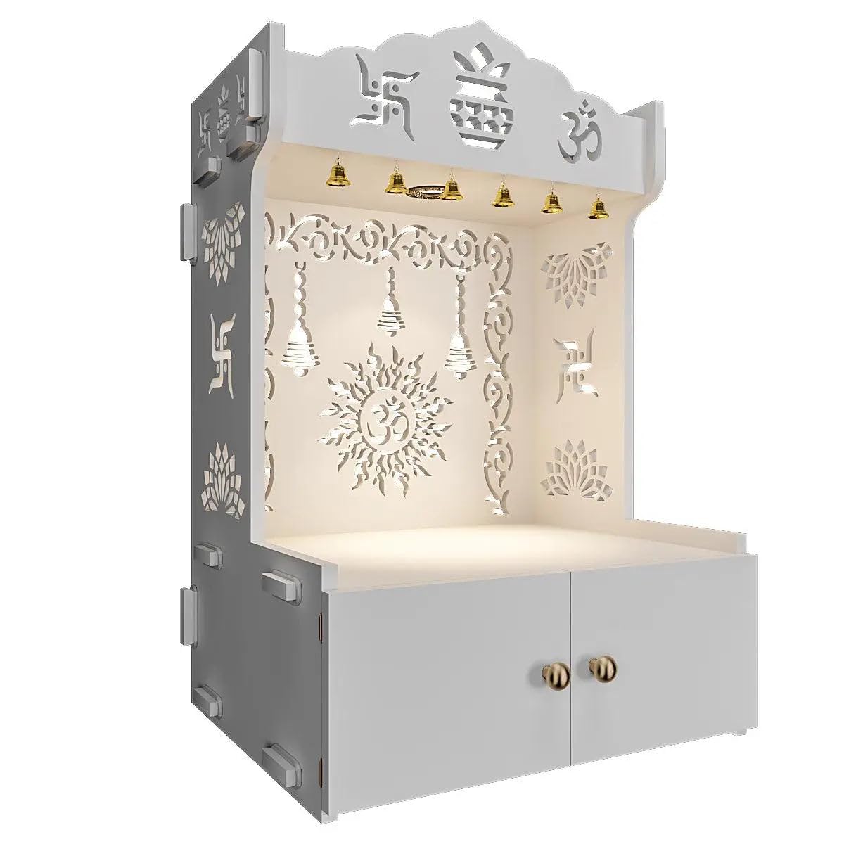 HOMSCAPE White Wooden Wall Temple with Light and Shelf, 64cm