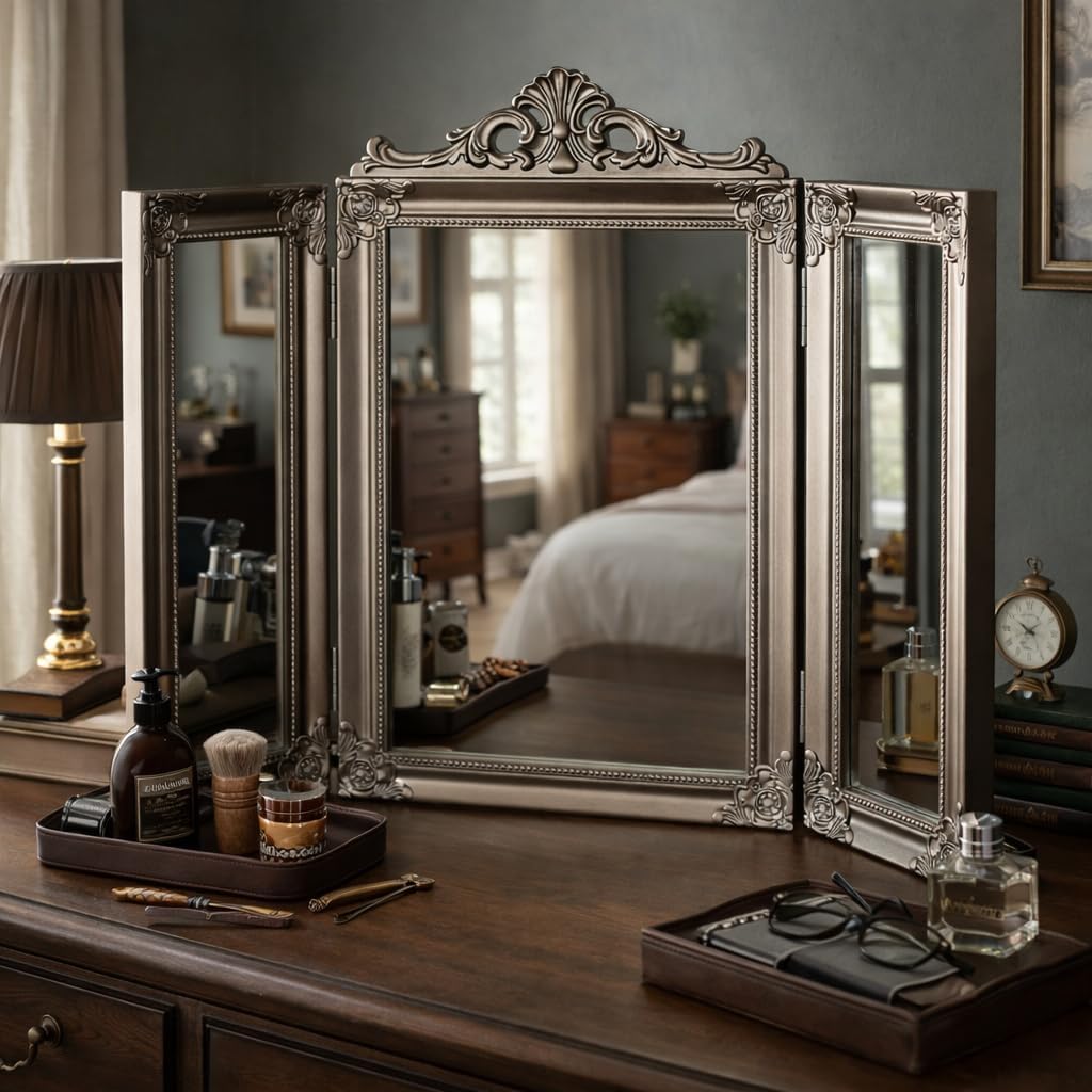 Silver Tri-Fold Dressing Table Mirror Ornate Freestanding Vanity