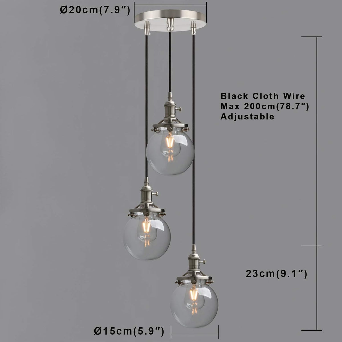 3 Light Pendant Chandelier Vintage Industrial Globe Glass E27 Phansthy