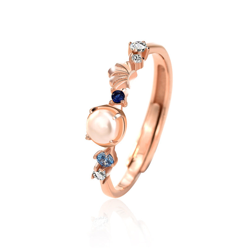 Elegant Shell Pearl Mermaid Tail CZ Adjustable Ring - Rose Gold-Plated Silver Pearl Rings for women - Perfect Pearl Rings with Gift Wrapping Included