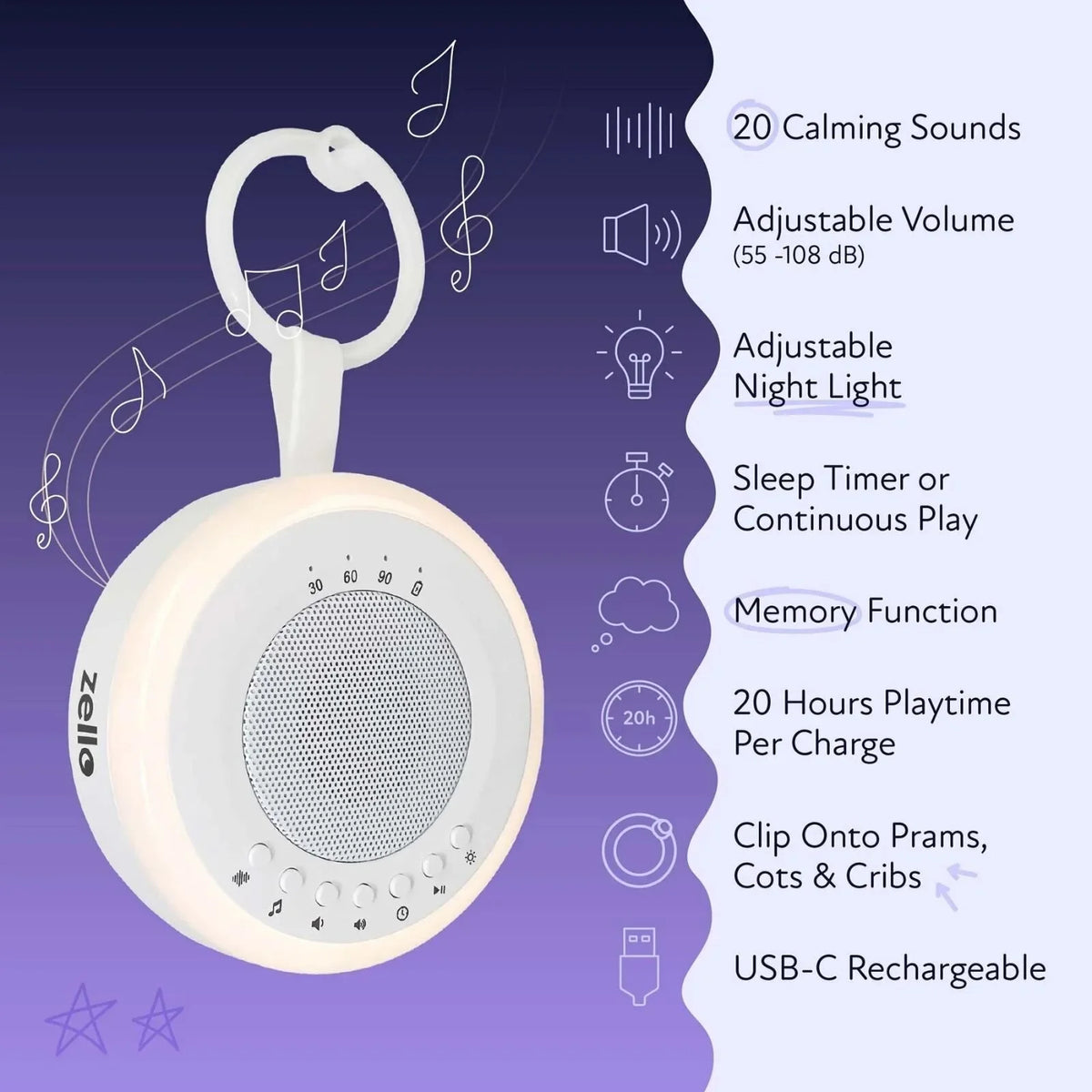 Zello Portable White Noise Machine & Nightlight Baby Sleep Aid