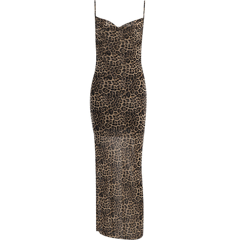 Summer Elegant Backless Long Dress Hot Girl Sexy Slim Leopard Print Sling Dress Women
