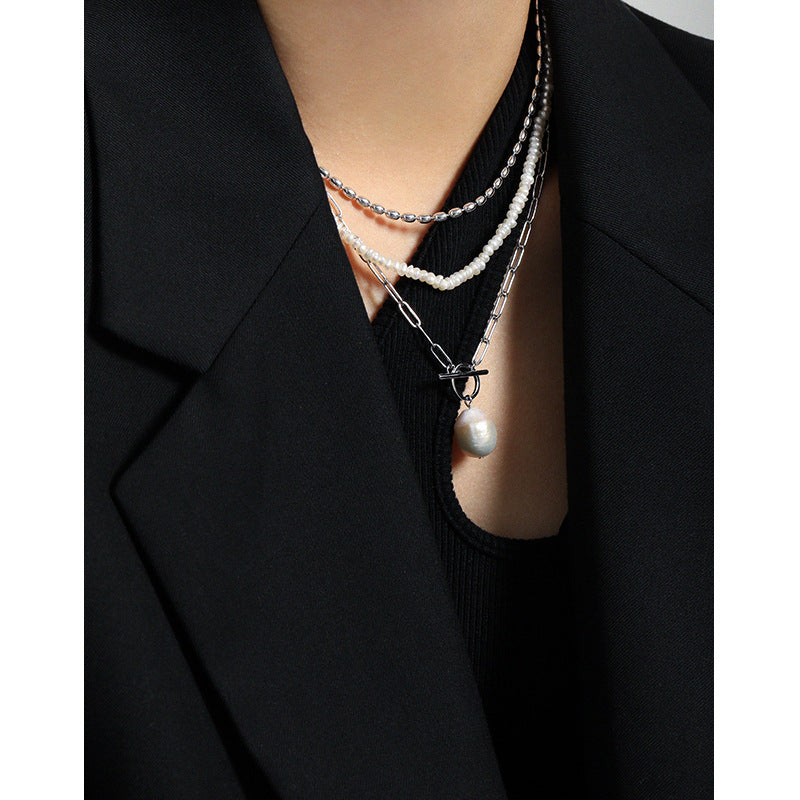 Office Irregular Natural Pearl Hollow Chain Necklace - Palladium-Plated Silver Pearl Necklace - Perfect Pearl Necklace with Gift Wrapping Included