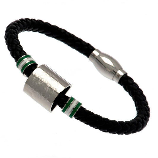 Celtic FC Leather Bracelet with Stainless Steel Colour Rings and Engraved Club Crest