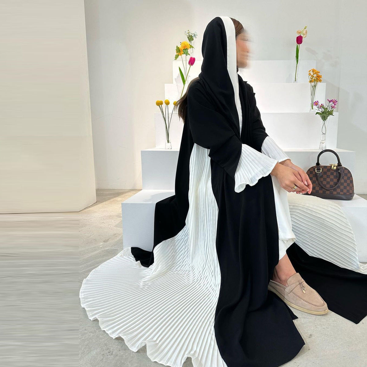 Pleated Dress Female Black And White