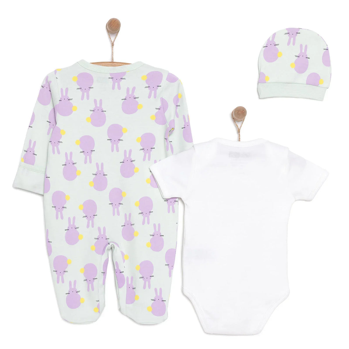 HelloBaby Bunny Print Baby Bodysuit, Hat & Footed Sleepsuit Set (Newborn to 6 Months)