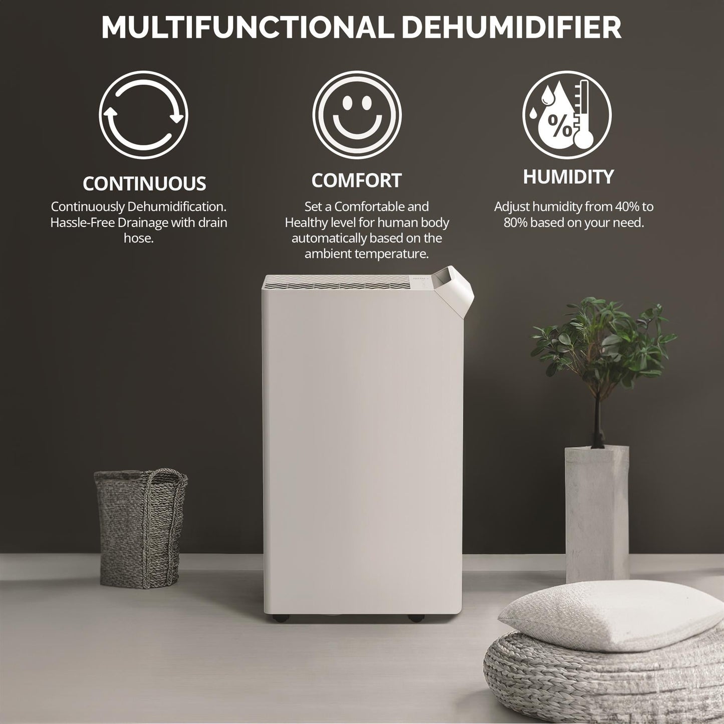 Senelux 25L/Day Dehumidifier Smart App Wi-Fi with 5.5L Water Tank, Continuous Drainage, Large Room, Sleep Mode, 24H Timer