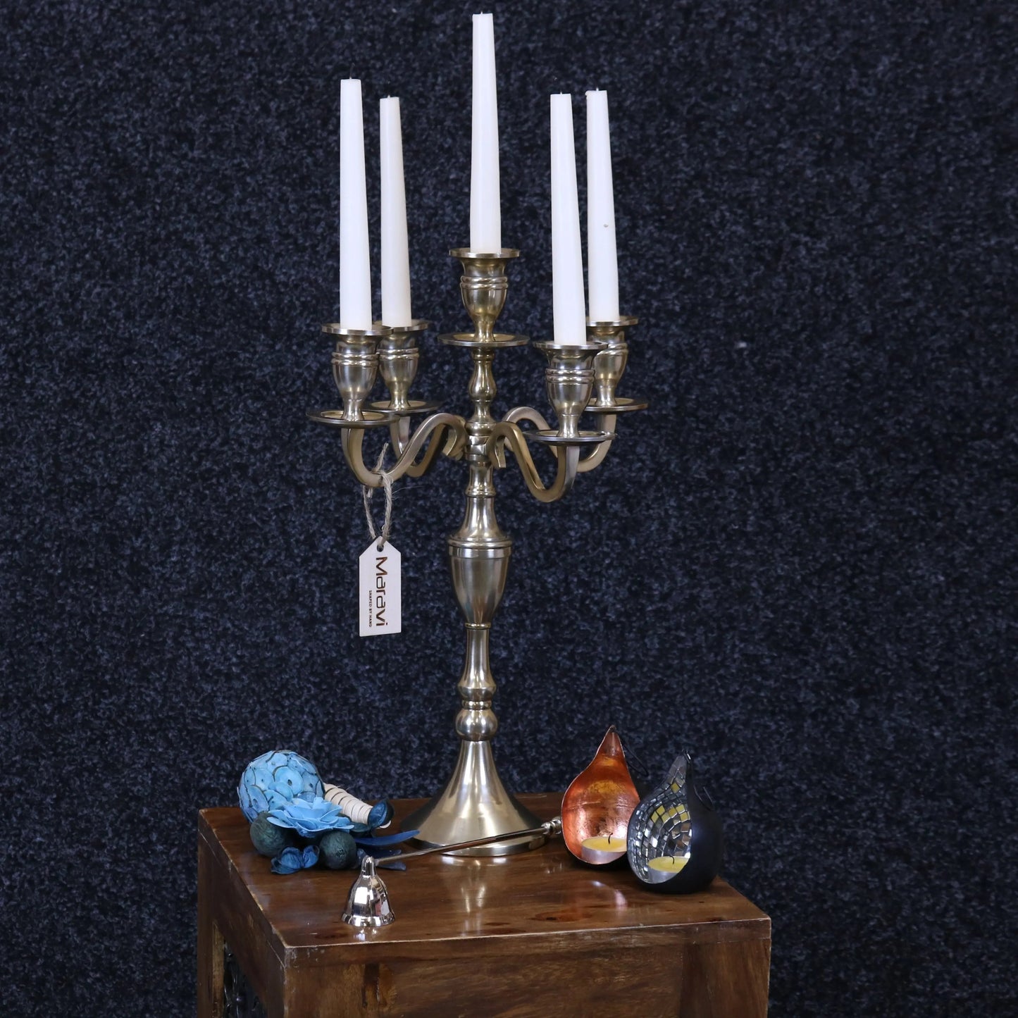 Baloki Antiqued Gold 5 Candle Candelabra Centerpiece 42cm