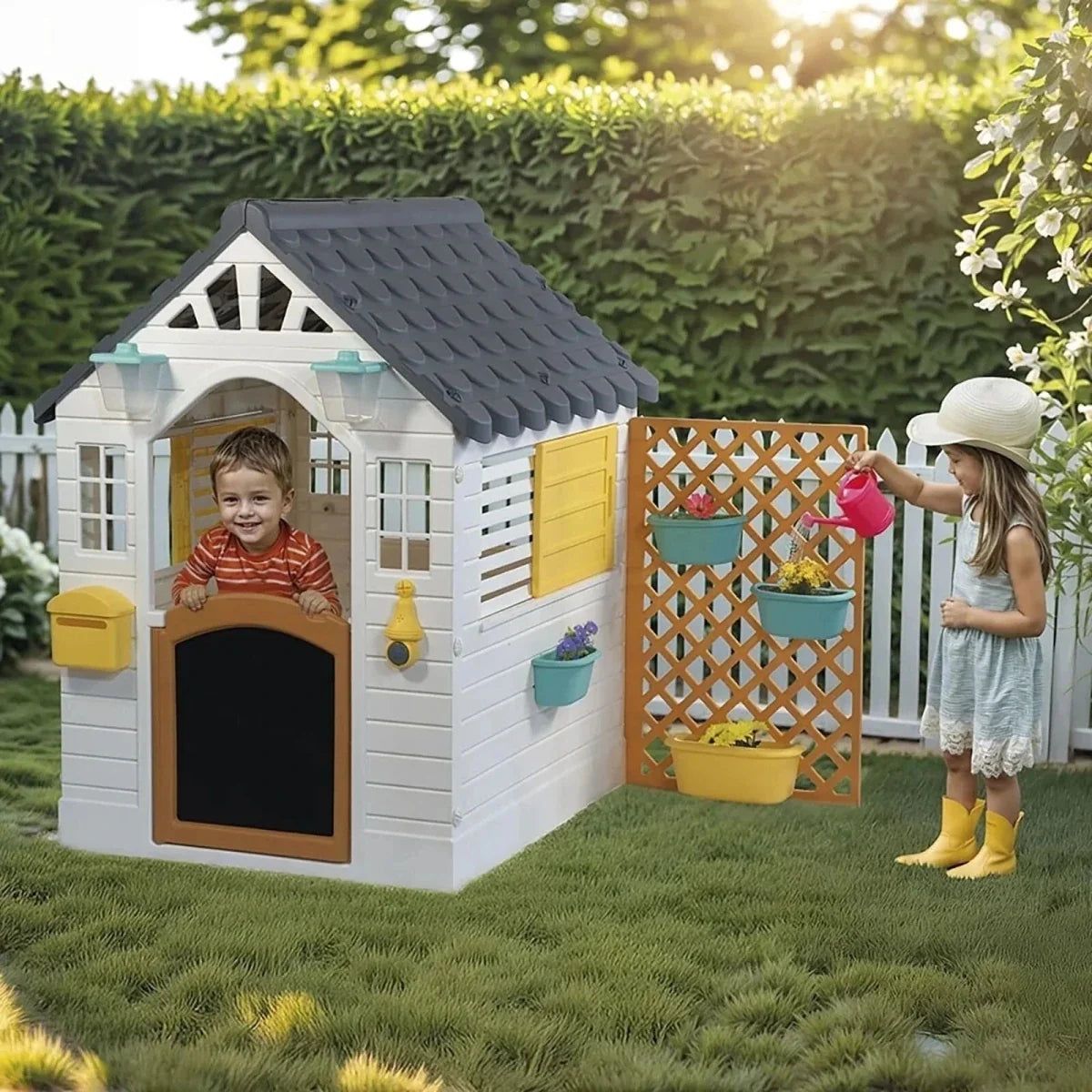 Dolu Deluxe Garden Playhouse with Fence – White