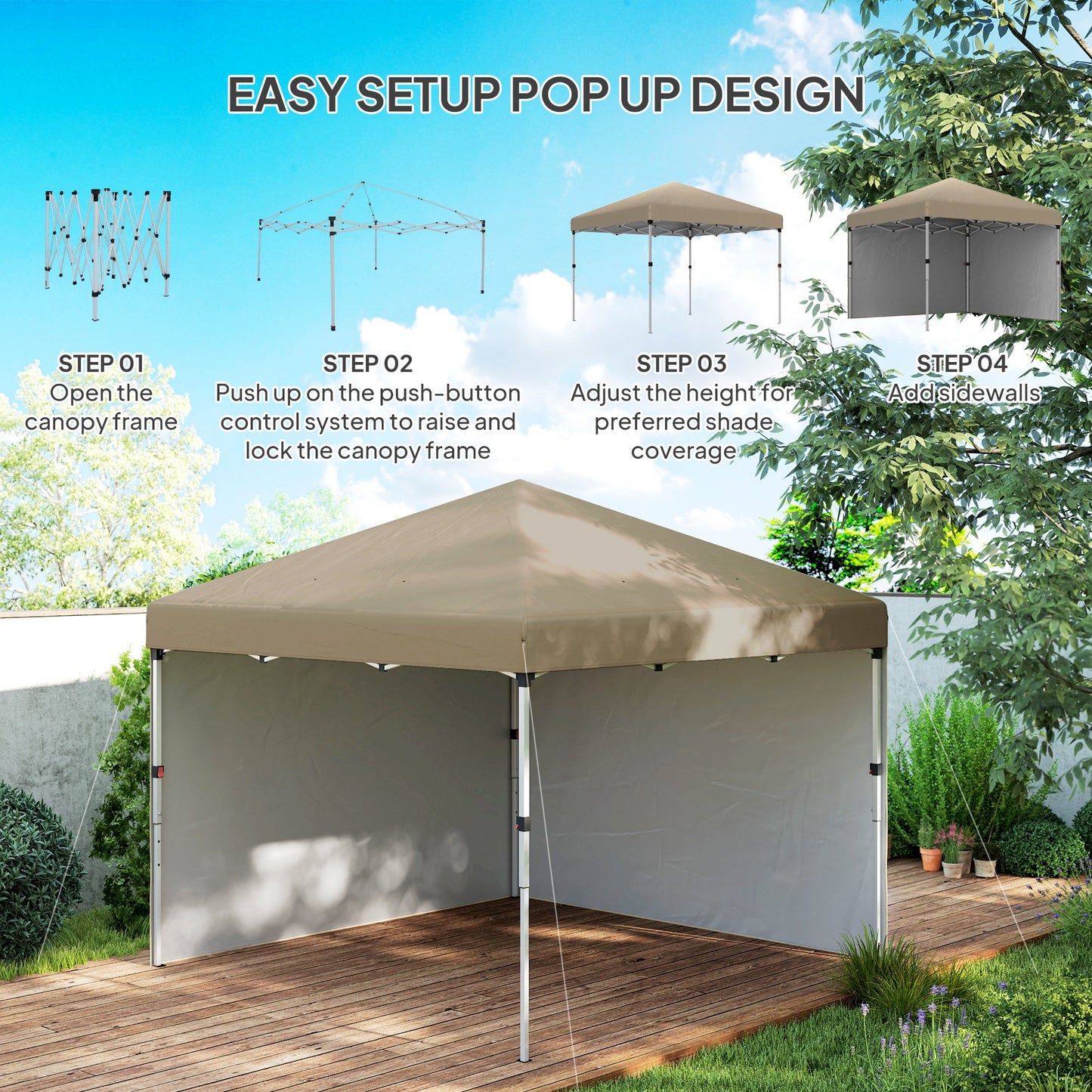 Outsunny 3x3 (M) Pop Up Gazebo Party Tent w/ 2 Sidewalls, Weight Bags Khaki