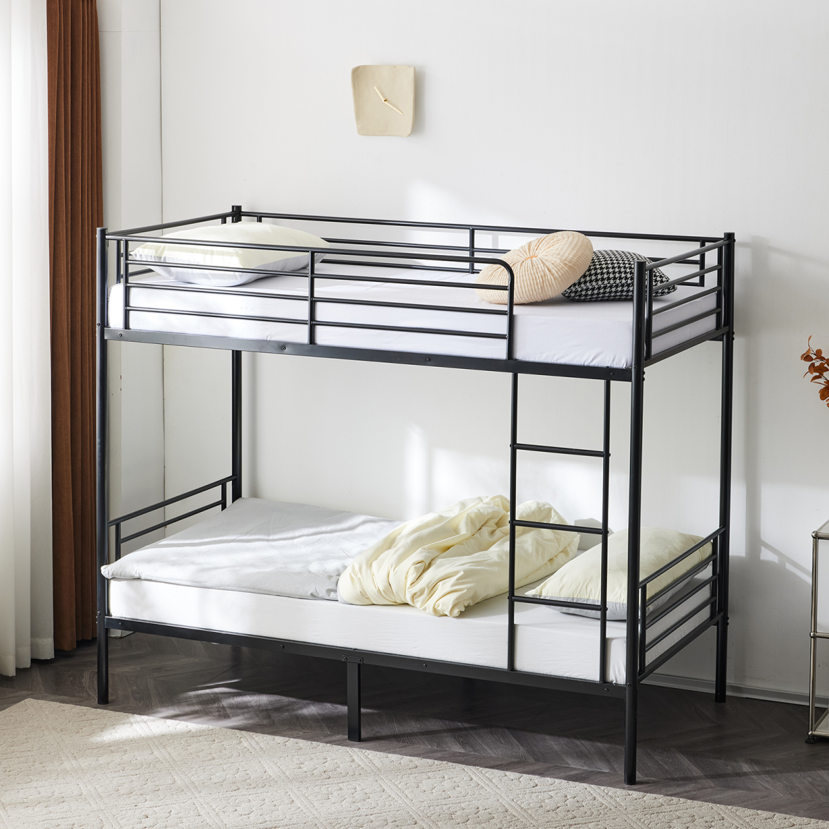Twin Over Twin Bunk Bed for Kids Teens Adults, Heavy Duty Metal Bunk Bed with Ladder & Full-Length Guard Rail & Storage Space, Black