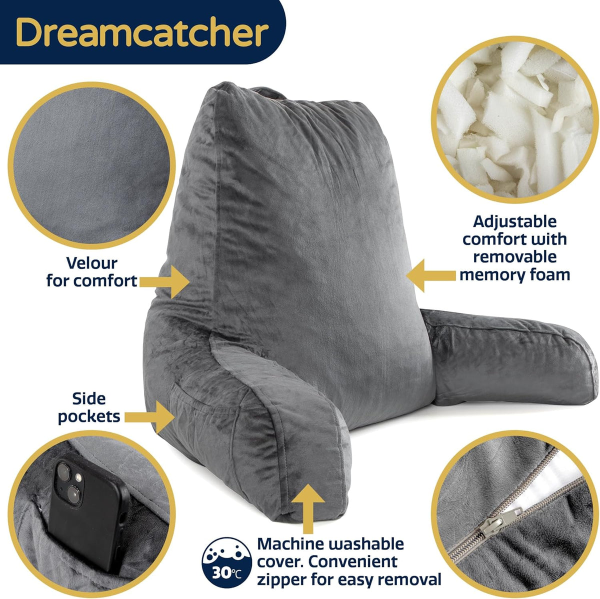 Grey Reading Pillow Memory Foam Cushion with Backrest Arm Support Dreamcatcher