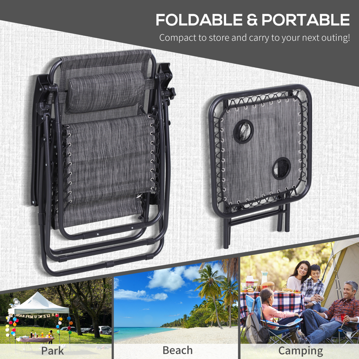 3PC Zero Gravity Chairs Sun Lounger Table Set Cup Holders Light Grey Outsunny