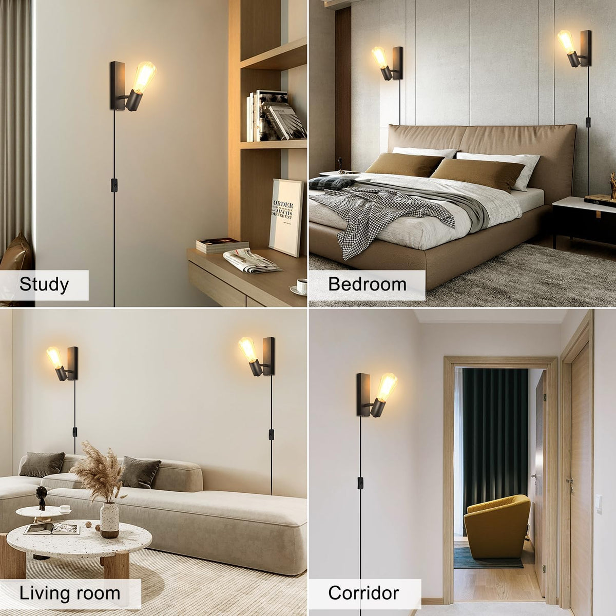 Lightsjoy 2-Pack Plug-In Wall Lights – Rotatable Black Industrial Sconces E27