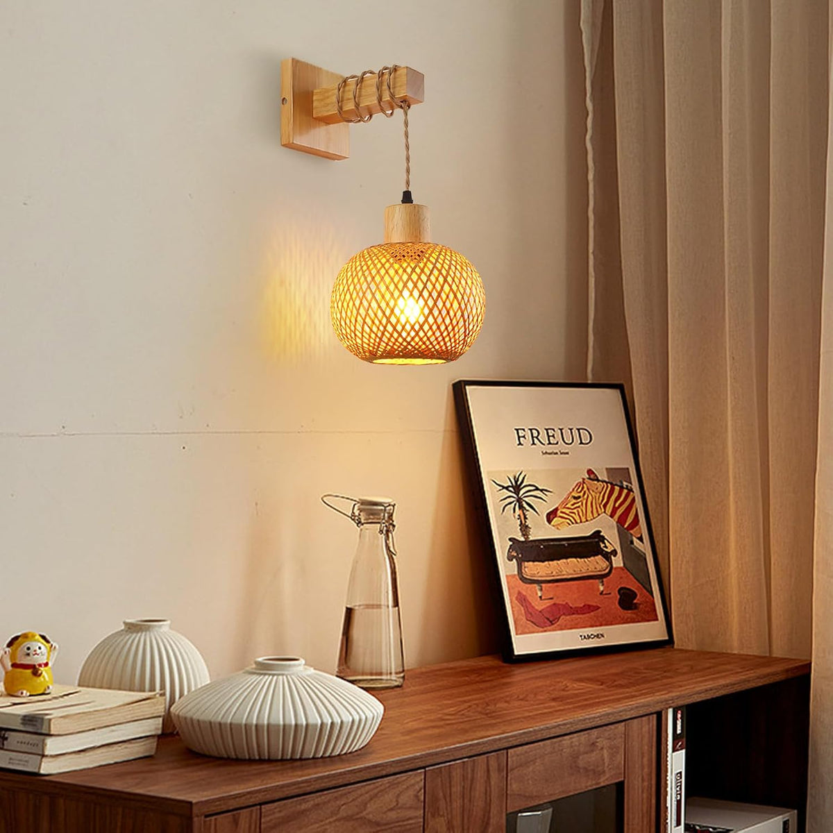 Schindora Boho Bamboo Wall Light – Handwoven E27 Lamp Shade