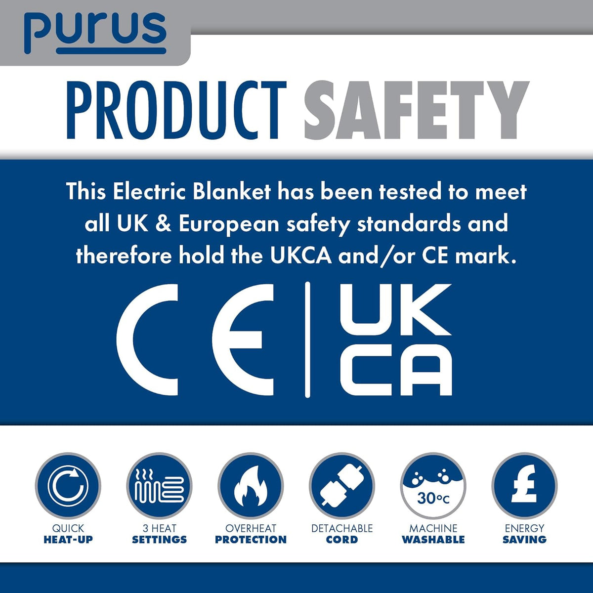 Electric Blanket Double 193x137cm 3 Heat Settings Soft Polyester Purus