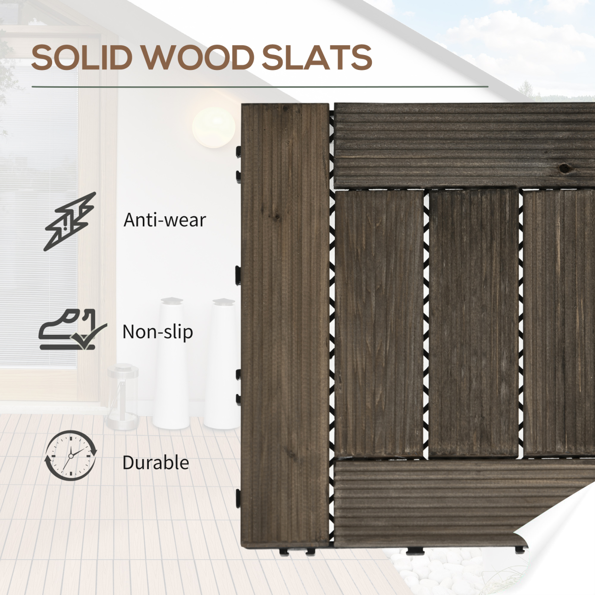 12" x 12" Interlocking Deck Tiles, Pack of 27 Outdoor Flooring Patio Tiles-Teak-AS