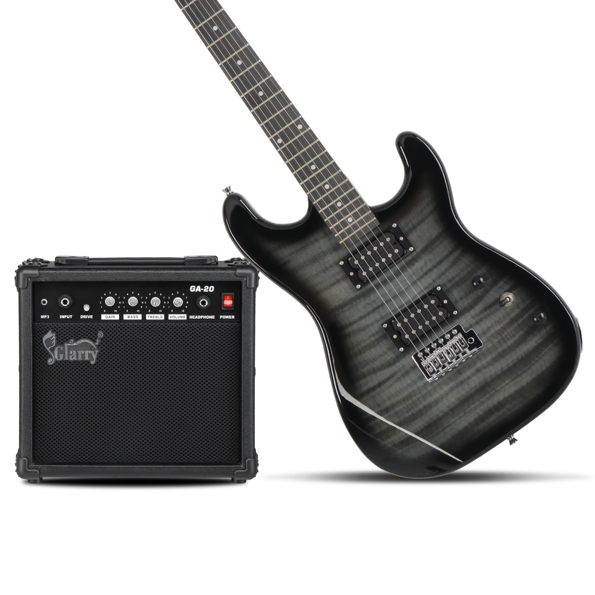 GST Stylish H-H Pickup Tiger Stripe Electric Guitar Kit with 20W AMP Bag Guitar Strap Black