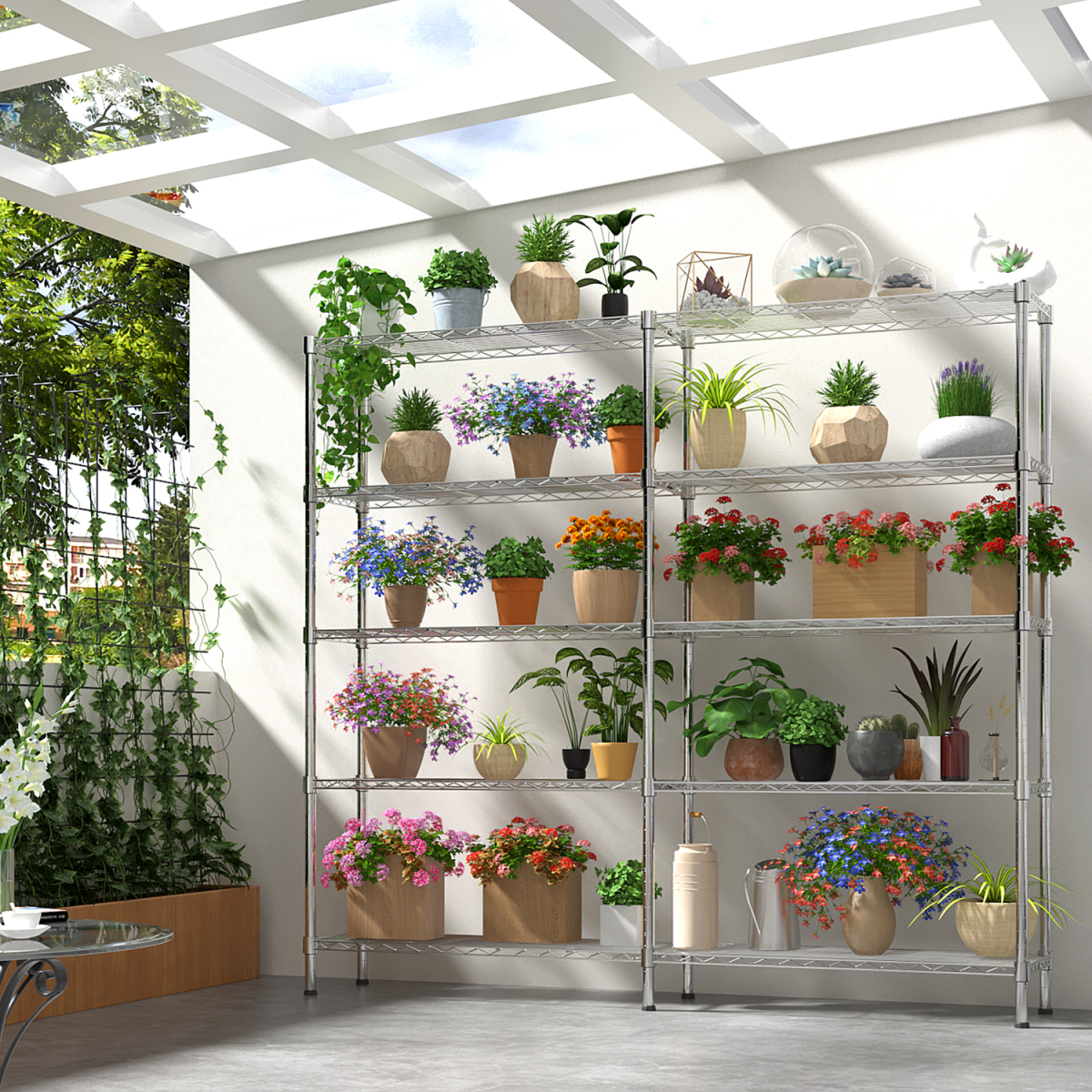 5-layer double row, freely adjustable layer spacing, with adjustable feet, display stand, iron, 147*35*180cm, chrome-plated