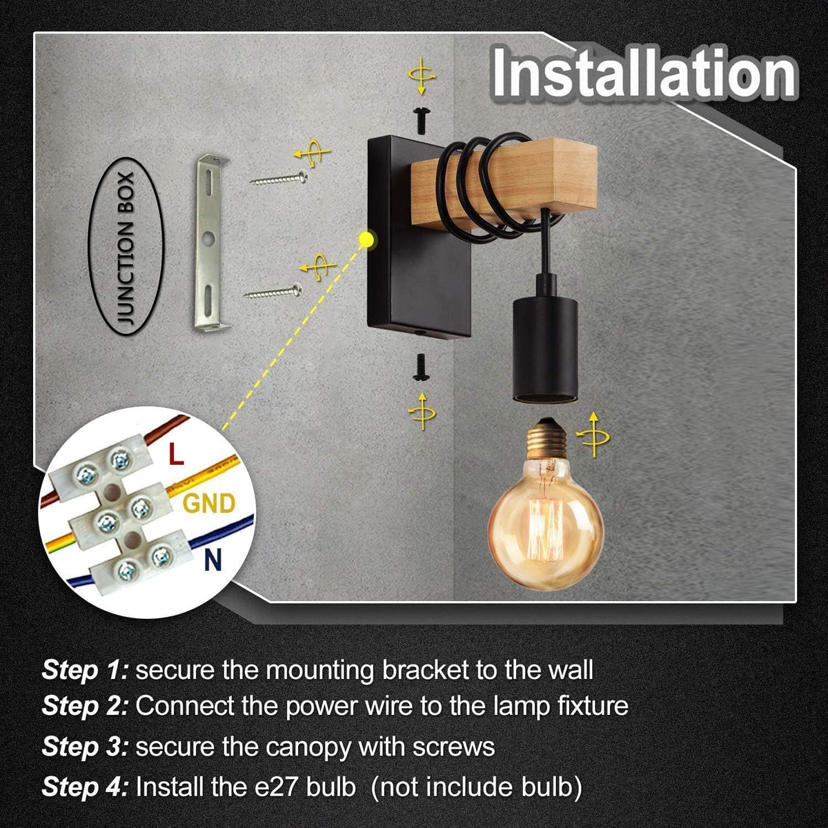 Wooden Wall Light 2 Pack Vintage Industrial E27 Rustic Sconce Black Lightess