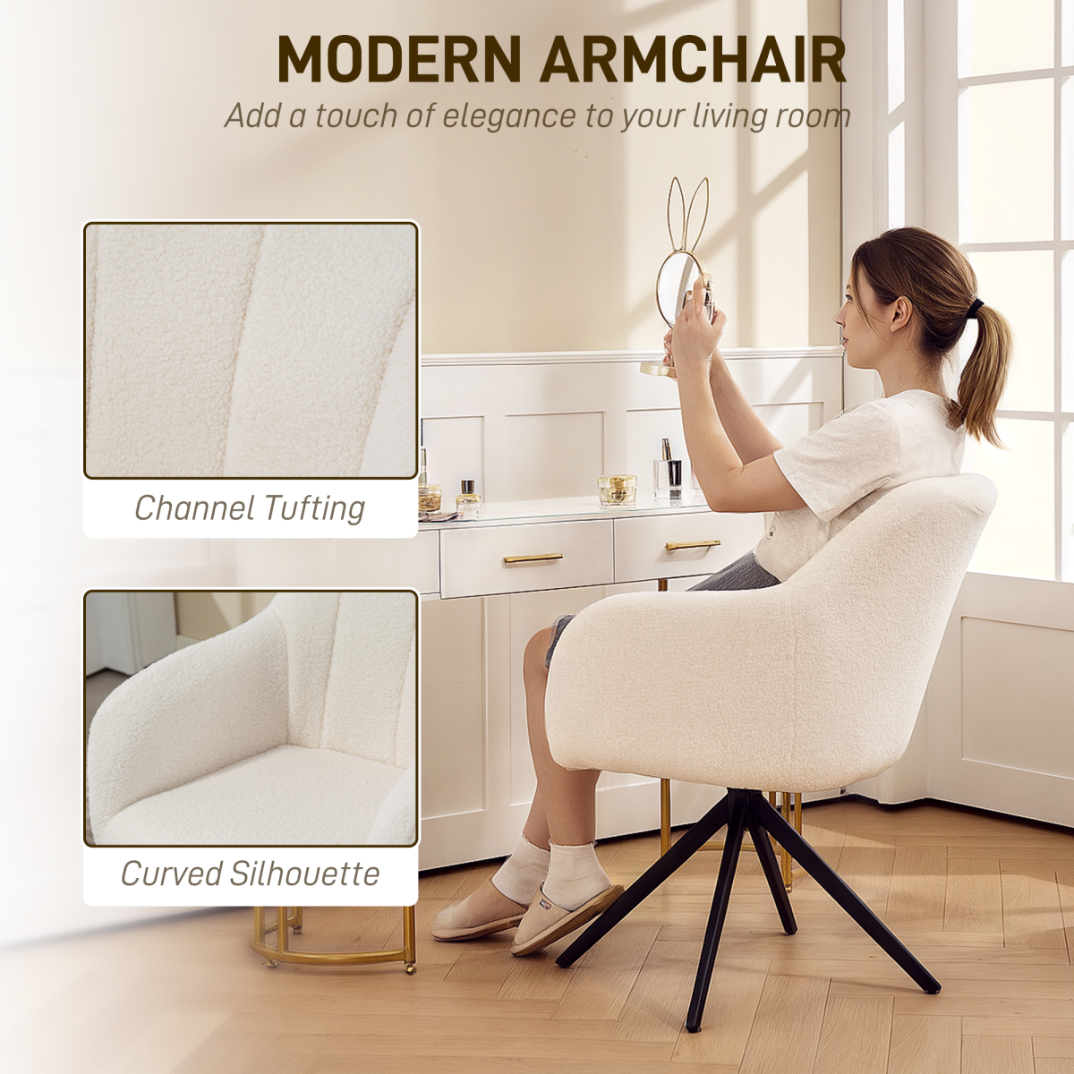 HOMCOM 360 Degree Swivel Accent Chair, Teddy Fleece Fabric Armchair, White
