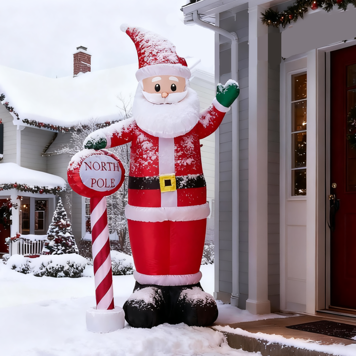 2.45M Lighted Christmas Inflatable Decoration, Inflatable Santa with North Pole Road Sign, Funny Blow Up Yard Decorations with Built-in LED Lights for Holiday Party Front Yard Lawn Garden Decor