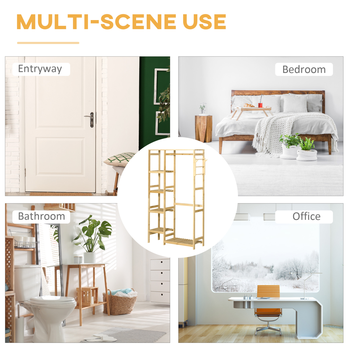 Bamboo Coat Rack w/ Hooks Hanging Rail and Storage Shelf for Entryway HOMCOM