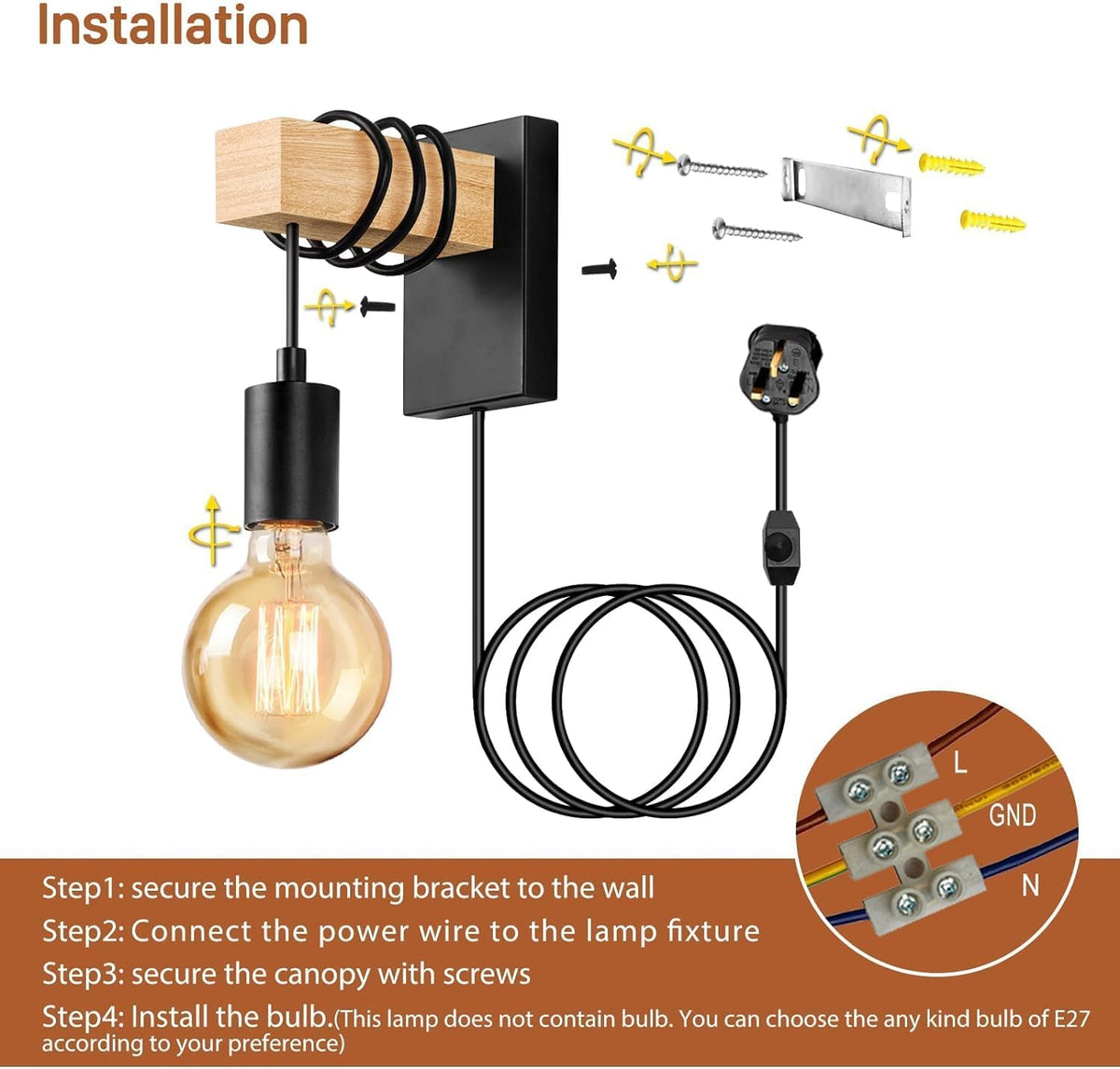 Lightess 2-Pack Plug-In Wall Lights – Dimmable Wood Sconces with Switch Black