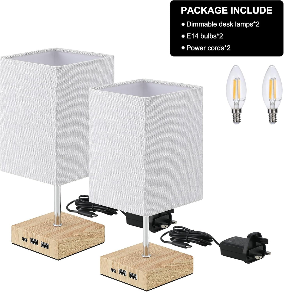Touch Table Lamps 2-Pack with USB C Dimmable Bedside Lights White Lightsjoy