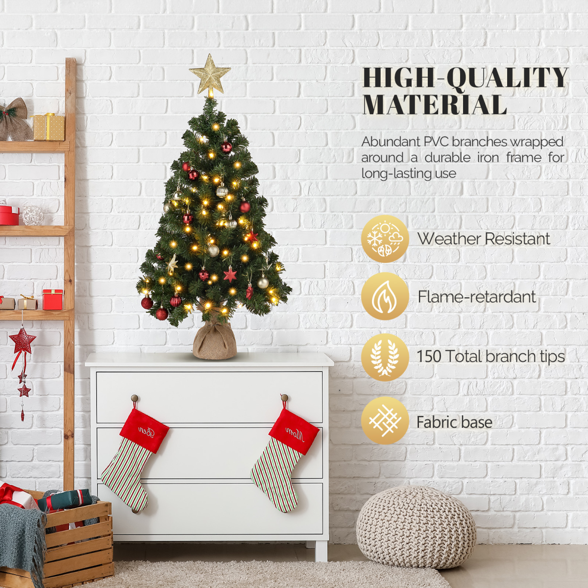 3ft 150 Branches PVC Material Top Stars Linen Base 100 Lights Warm Color 8 Mode Battery Switch Christmas Tree Green