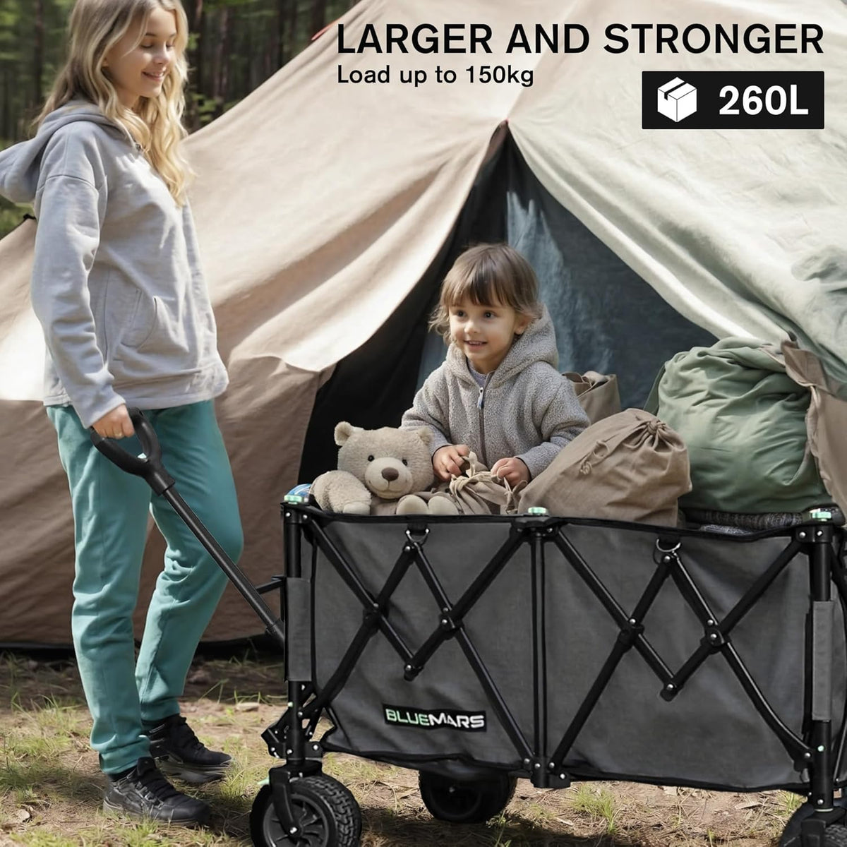 Collapsible Garden Wagon 150kg Folding Camping Trolley All Terrain Bluemars