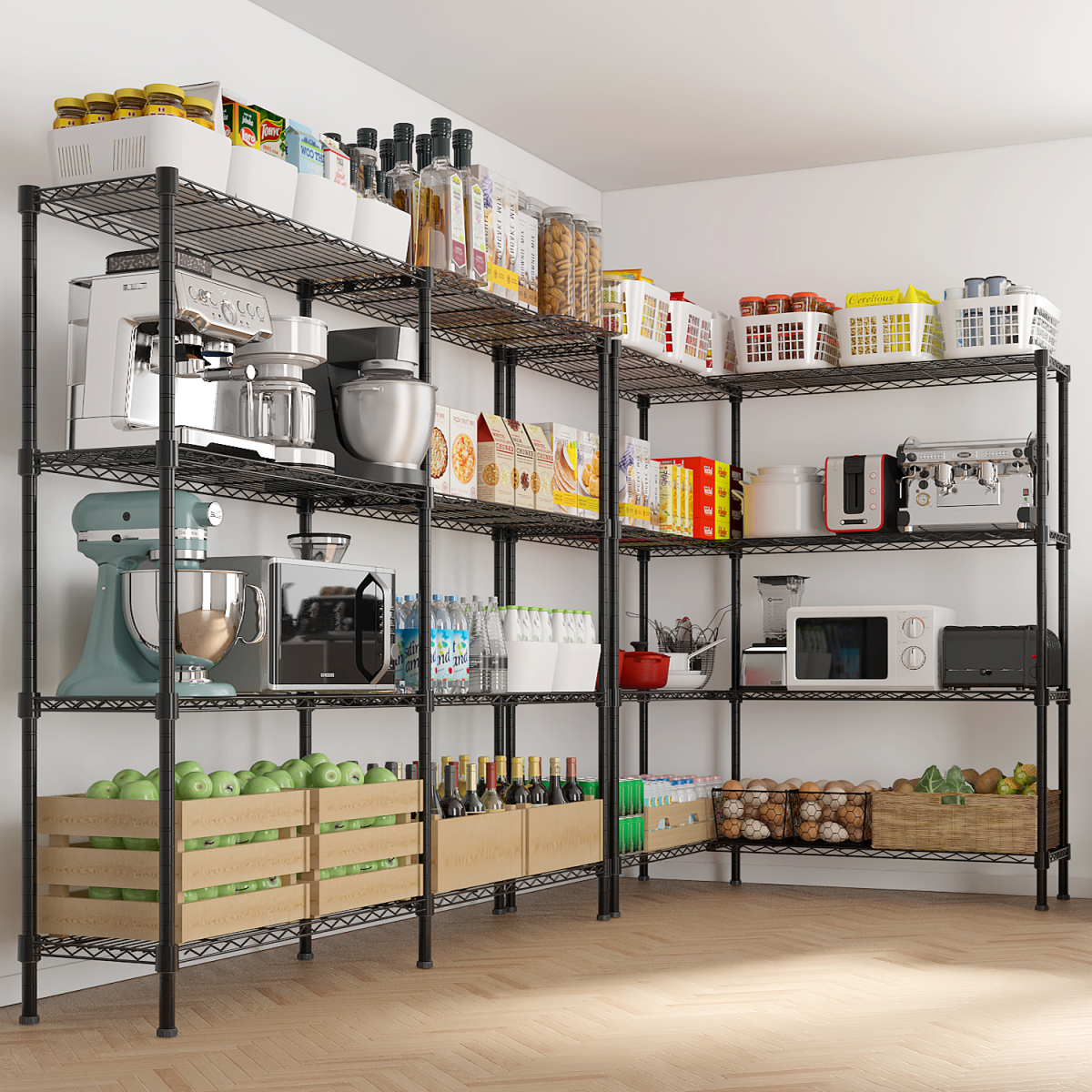 4-layer double row, freely adjustable layer spacing, with adjustable feet, display stand, iron, 147*35*150cm, powder-coated black