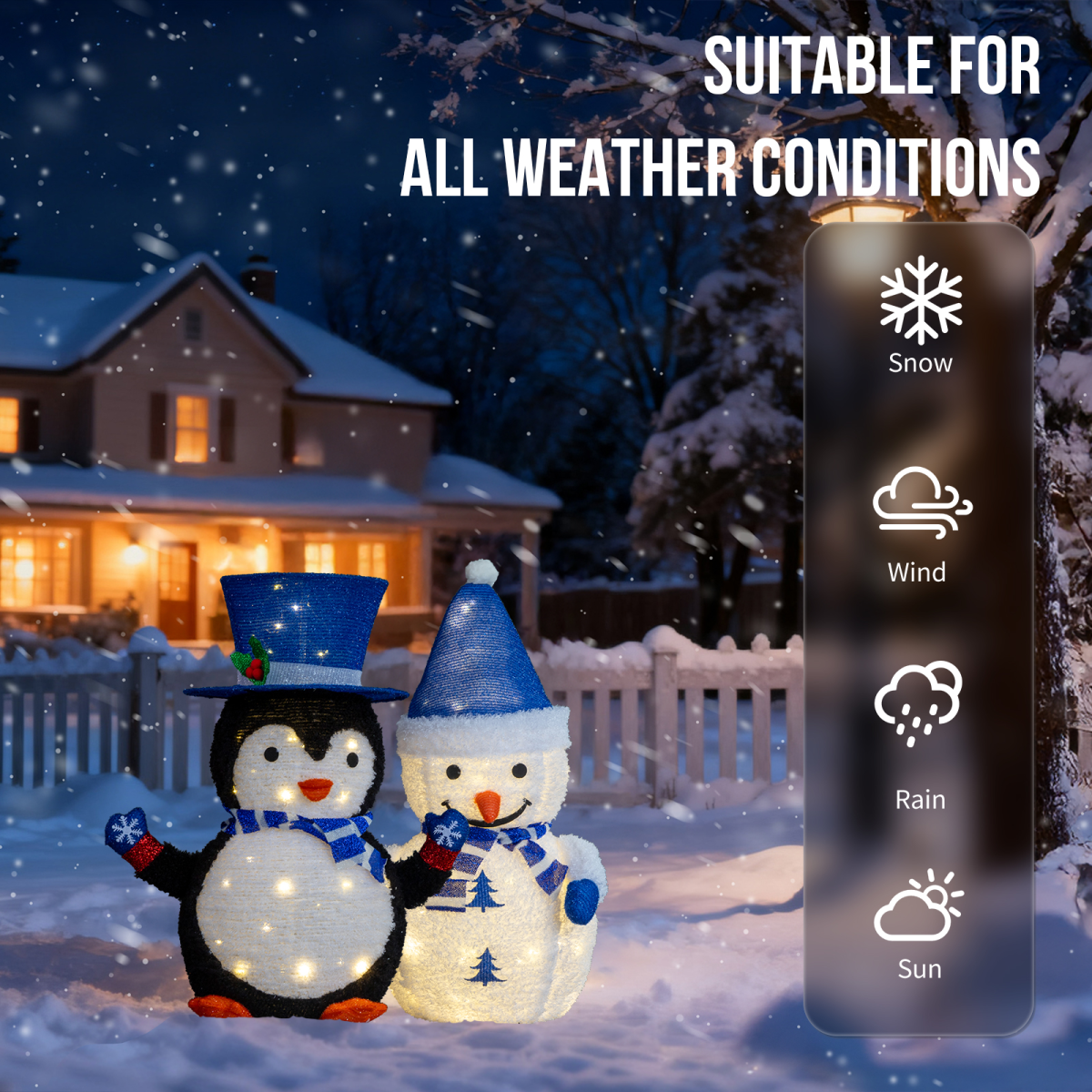 Set of 2 Lighted Plush Penguin and Snowman Christmas Decorations, Pre-lit Pull Up Holiday Decor with 100 Warm White LED Lights for Xmas Outdoor Indoor Decor Lighted Holiday Displays